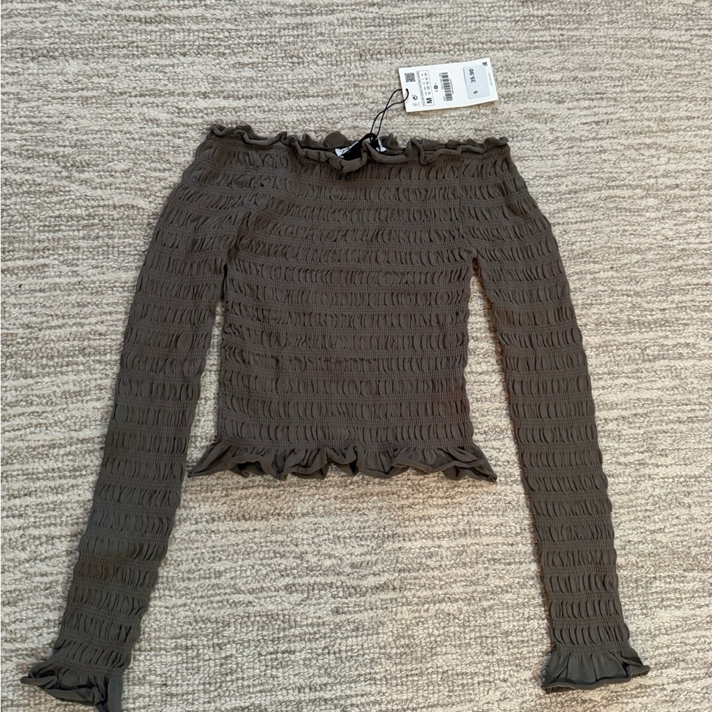 Zara Olive Off-Shoulder Ruffle Blouse